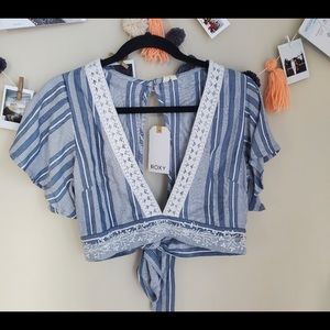 Roxy Tied Open Back Crop Top w/ Lace Detail NWT